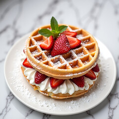 Golden Brown Waffles With Fresh Fruit And Powdered Sugar Dusting

