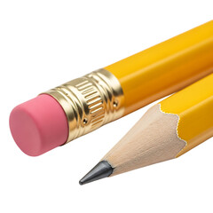 Close up of a sharp yellow pencil with a pink eraser isolated on transparent background