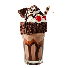 Decadent chocolate freakshake with whipped cream cherry and wafer isolated on transparent background