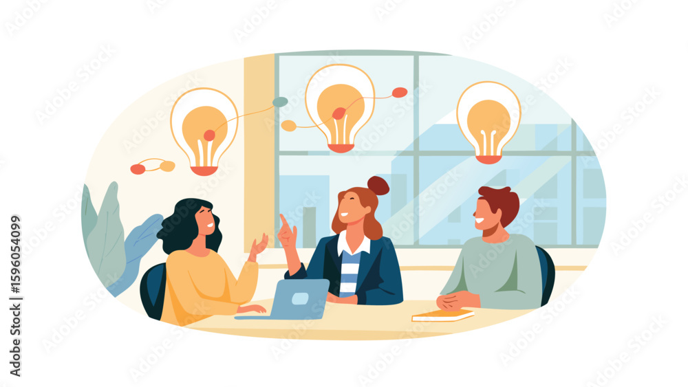 Poster team brainstorming session with lightbulb ideas at a table with a laptop and book in the office