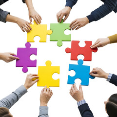Diverse hands connecting colorful puzzle pieces forming a circle on a white surface isolated on transparent background