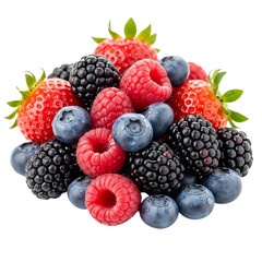 A vibrant assortment of fresh strawberries raspberries blueberries and blackberries isolated on transparent background