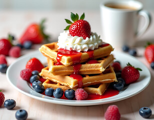 Appetizing Waffle Delight Fresh Strawberries Sliced Bananas
