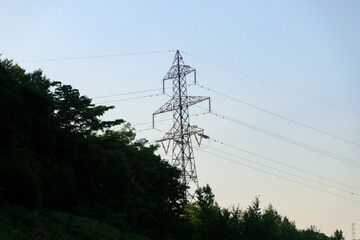 Power Lines Over Green Hills in Japan