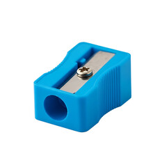 Bright blue plastic pencil sharpener with metal blade isolated on transparent background