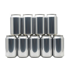 Stack of ten silver aluminum beverage cans arranged in two rows isolated on transparent background