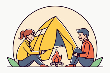 Obraz premium Camping Tent and Lantern Vector Set – Silhouette Line Art Forest Scenes for Outdoor Adventure and Nature Themes