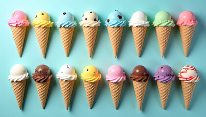 Delicious Waffle Cones With Many Ice Cream Flavors
