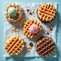 Sweet Dessert Waffles With Various Flavors And Toppings
