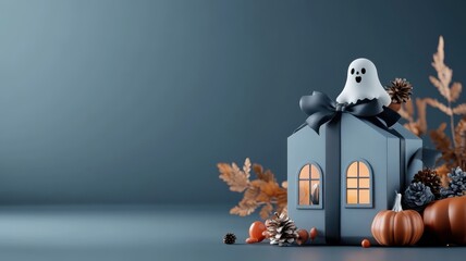 Gift box shaped like haunted house with glowing windows and playful ghost.