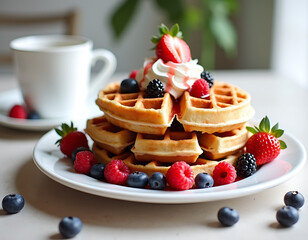 Gourmet Stacked Waffles Fresh Berries Bananas Culinary Creation
