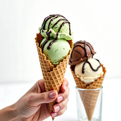 Gourmet Ice Cream Confection Dual Scoops Chocolate Sauce
