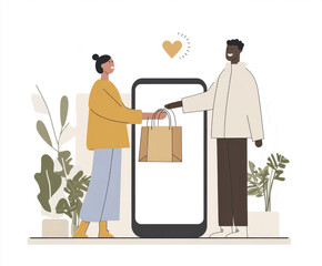 Ecommerce phone with two people exchanging red shopping bags, concept shopping