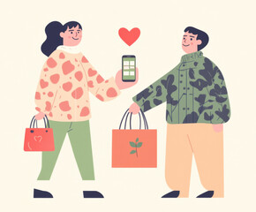 Ecommerce concept with couple shopping online via smartphone, heart icon above