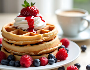 Sweet Dessert Waffle With Fruit Toppings And Powdered Sugar
