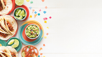 Cinco de Mayo tacos presented with traditional Mexican garnishes, background