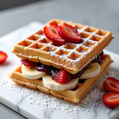 Breakfast Waffle With Fresh Strawberries And Sliced Bananas
