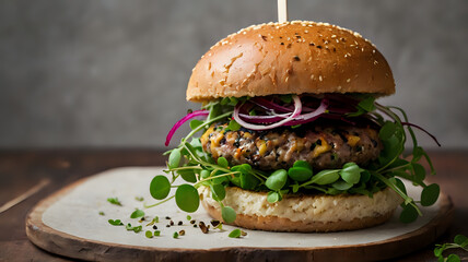 burger with beetroot patty, microgreens, hummus, and multigrain