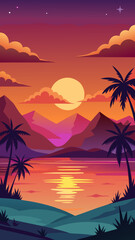 Naklejka premium Vector art of golden hour sunset casting warm light on a tropical landscape with palm trees and water