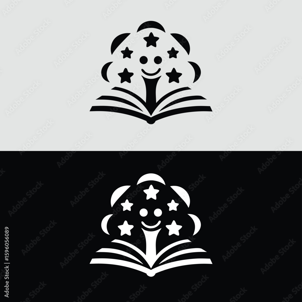 Poster a whimsical tree of knowledge with a smiling face and starshaped leaves emerges from an open book, s