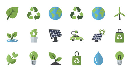 Ecology icon set with green eco symbols for nature and environmental design