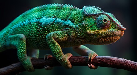 Obraz premium A stunning close-up of a vibrant green and turquoise chameleon resting peacefully on a wooden branch in a natural setting.