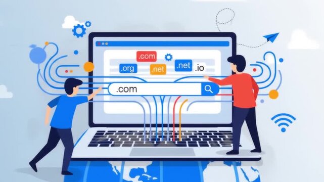 Two men search for and select a website domain name on a large laptop connected to the global network.
