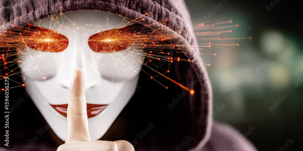 Poster an anonymous hacker in a mask with glowing eyes, a concept for cybersecurity threats, online secrets