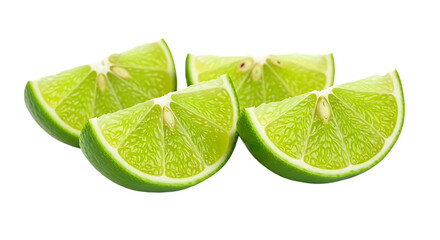 Freshly cut bright green lime wedges on a white background