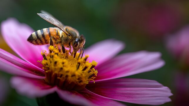 Close-up of a bee collecting nectar from a vibrant pink flower in a garden setting. - Powered by Adobe
