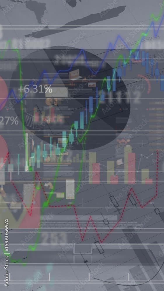 Poster animation of graphs and data processing over interface on computer screen