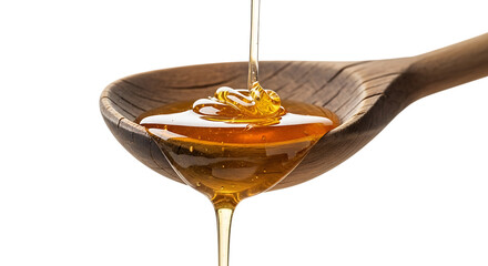 Golden honey dripping from a wooden spoon