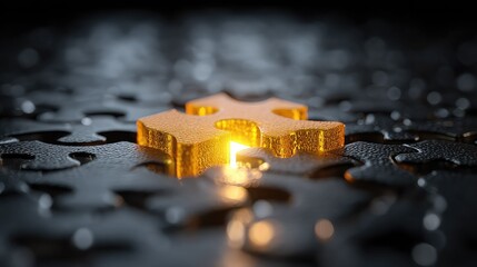Puzzle layout with one golden piece lighting up as it fits, illustrating aha moment or perfect alignment in ideas.