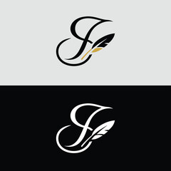 An elegant calligraphic logo design features a stylized letter combined with a feather pen, symbolizing creativity and sophistication