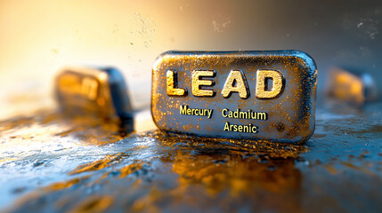 A lead ingot also labeled with mercury, cadmium, and arsenic, representing toxic heavy metals as raw industrial material.
