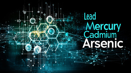 Toxic heavy metals lead, mercury, cadmium, and arsenic in a futuristic science and technology background with a data network.