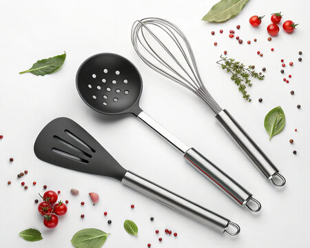 Modern Kitchen Utensils Set – Spatula, Whisk, Ladle Isolated on White Background