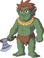 Cute cartoon green goblin or troll holding an axe, fantasy character, friendly monster, mythical creature, charming, playful, whimsical, folklore, gaming, D&D, adventure, fun.