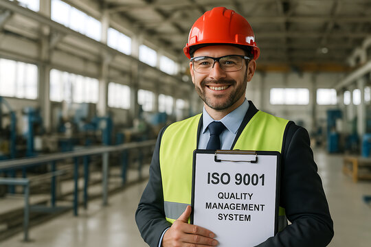 Smiling worker in safety gear holding ISO 9001 Quality Management, industry compliance, ISO standards visual, ISO 9001, quality management system, factory worker, manufacturing plant, industrial 