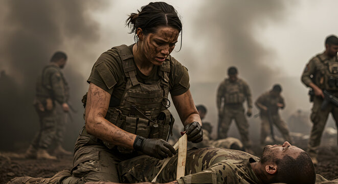 A female combat medic bravely tends to a wounded soldier amidst the chaos of a fierce battle, providing essential first aid under fire.