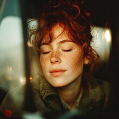 the young woman, resting her head on the car window, was immersed in the emotions of contemplation,