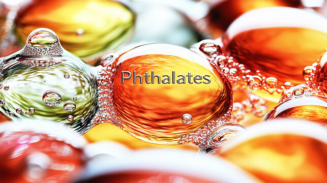 Conceptual image of Phthalates, a chemical plasticizer and endocrine disruptor, represented by colorful oil and water bubbles.