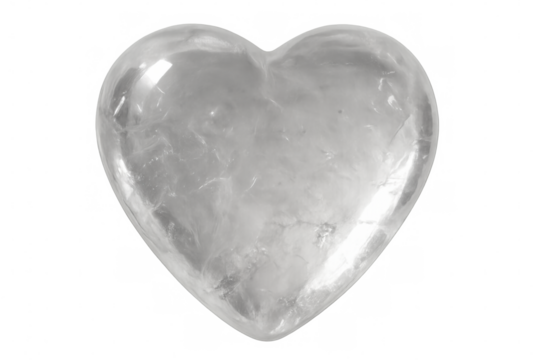 Polished heart-shaped quartz crystal on a transparent background, symbolizing love, purity, and healing
