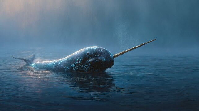 A majestic narwhal gliding through tranquil waters with a shimmering horn. - Powered by Adobe