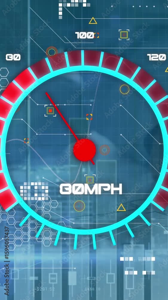 Poster animation of speedometer over data processing