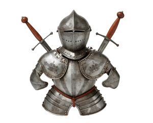 Naklejka premium Medieval knight armor suit with detailed engravings, helmet, and two swords crossed on back, isolated on transparency background, evoking bravery and strength