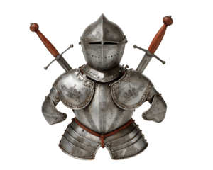 Medieval knight armor suit with detailed engravings, helmet, and two swords crossed on back, isolated on transparency background, evoking bravery and strength