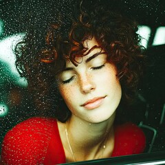 the young woman, resting her head on the car window, was immersed in the emotions of contemplation,