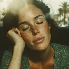the young woman, resting her head on the car window, was immersed in the emotions of contemplation,