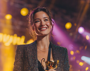 Confident woman holds trophy on stage after receiving award. Joyful expression beaming smile. Celebration achievement success recognition. Happiness pride honor winner. Performance speech